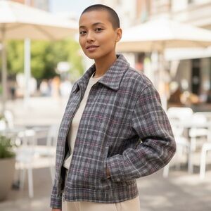 Fashion Bug Jacket Womens Size M Gray Wool Windowpane Plaid‎ Y2K Clueless Preppy